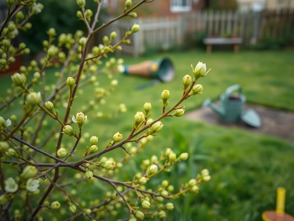 Młody, zdrowy żywopłot z głogownika z jasnymi przyrostami, w tle ogród z narzędziami do pielęgnacji i podlewania.
