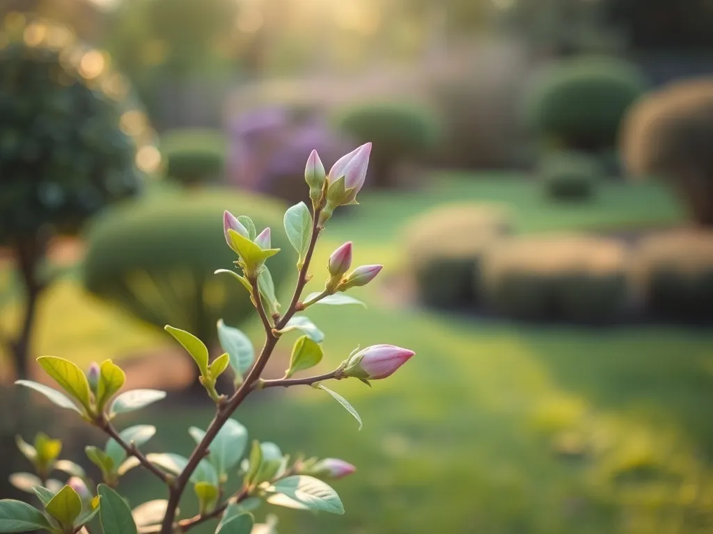 Młoda lagerstremia w ogrodzie z zielonymi liśćmi i różowymi pąkami, zapowiadająca pierwsze kwitnienie w ciepłym świetle.