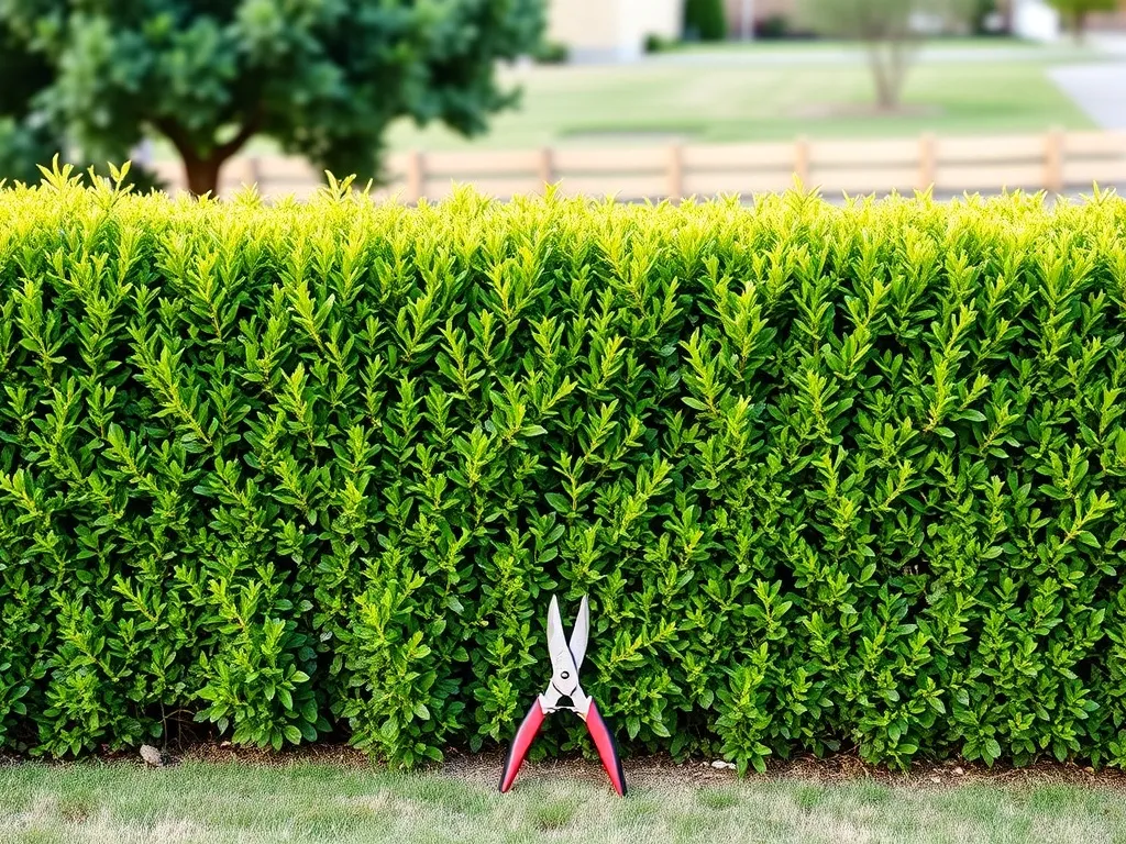 Gęsty, równo przycięty żywopłot z ligustru z sekatorem u podstawy, pokazujący efekt prawidłowego cięcia.