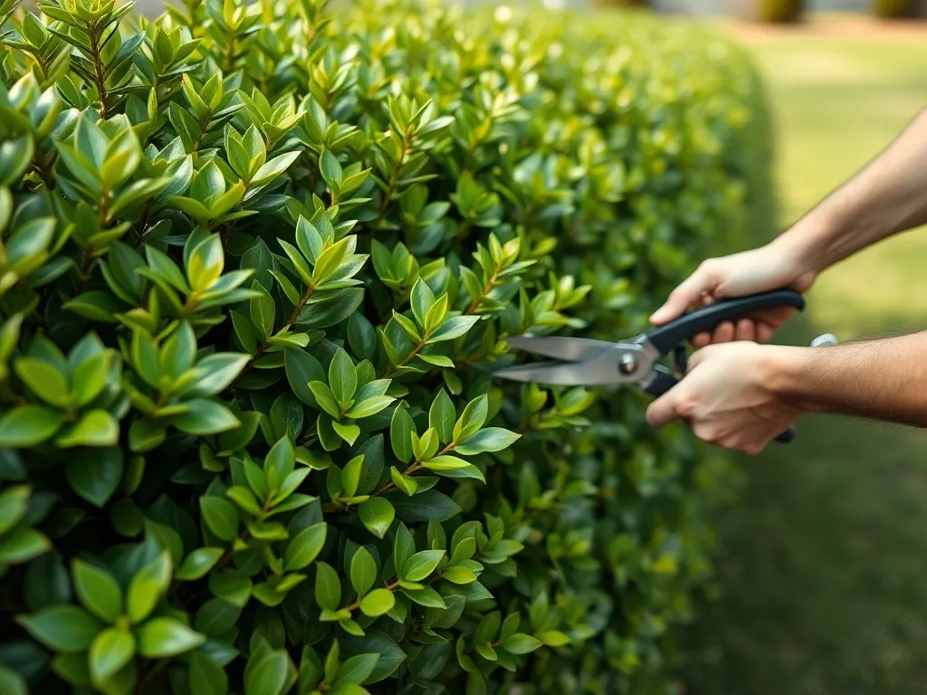 Ogrodnik przycina gęsty, zimozielony żywopłot z ligustru w ogrodzie, pokazując prawidłowe formowanie i pielęgnację.