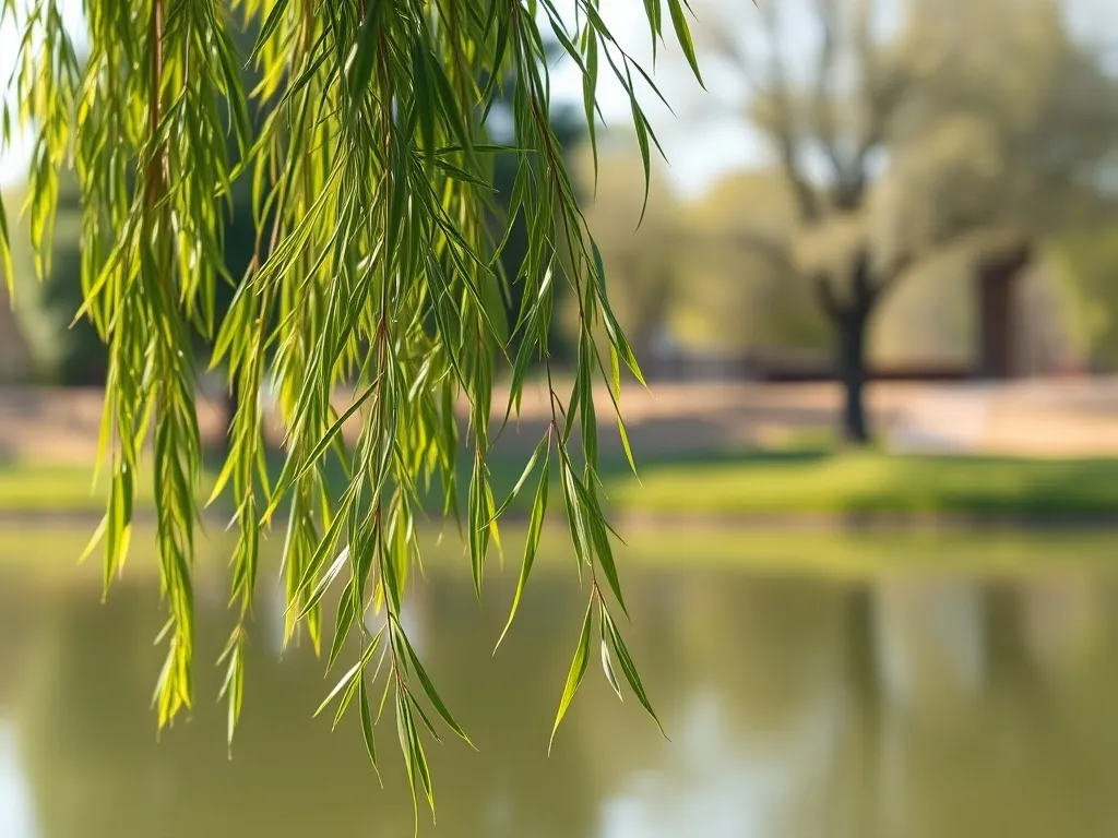 Młoda wierzba płacząca nad spokojnym stawem w wiosennym parku, z delikatnymi, zwisającymi, jasnozielonymi gałązkami.
