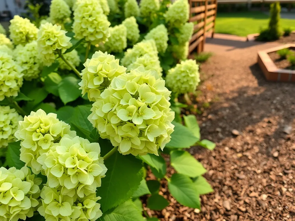 Krzew hortensji Limelight z dużymi, zielonkawymi kwiatostanami, pokazujący zdrowy, bujny wzrost w ogrodzie.