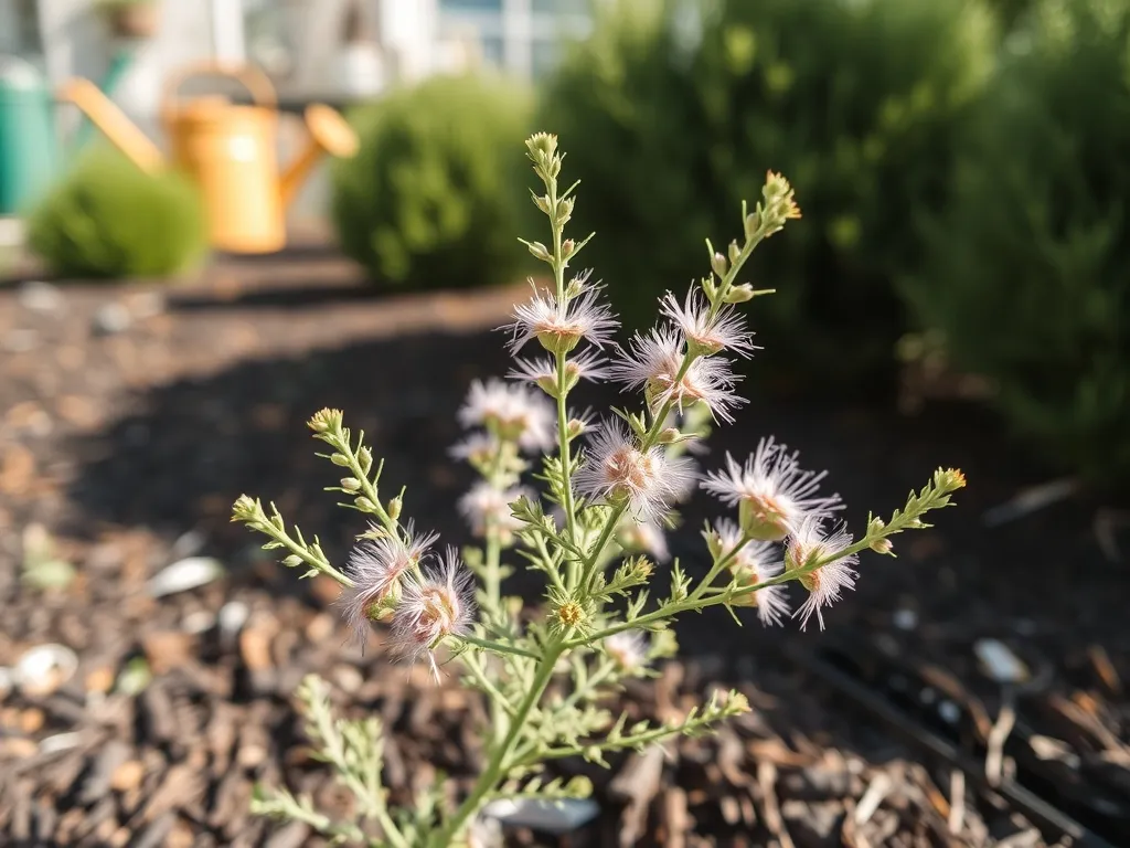 Młody tamaryszek z delikatnymi różowymi kwiatami w świeżej ściółce, w zadbanym, wiosennym ogrodzie.