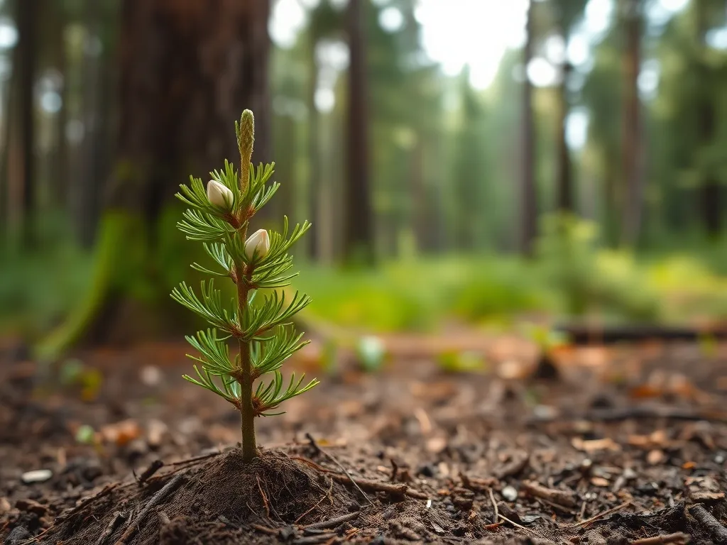 Młoda sadzonka sosny z jasnozielonymi przyrostami na wilgotnej leśnej ziemi, na tle rozmytego boru sosnowego.