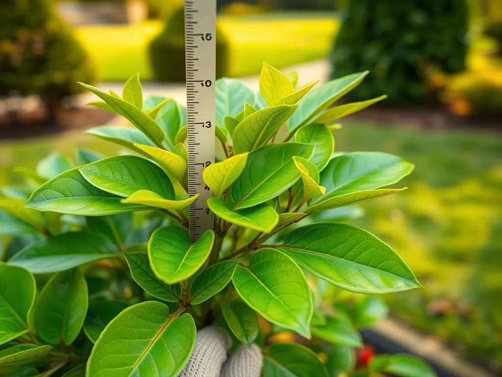 Laurowiśnia w ogrodzie z miarką ogrodniczą, podkreślającą tempo wzrostu i zdrowe, błyszczące liście.
