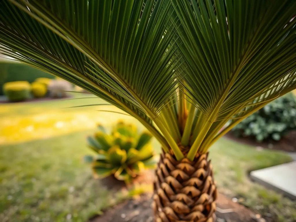 Zdrowy Trachycarpus fortunei w ogrodzie, z wachlarzowymi liśćmi i świeżą ziemią u podstawy, sugerujący dobry wzrost palmy.