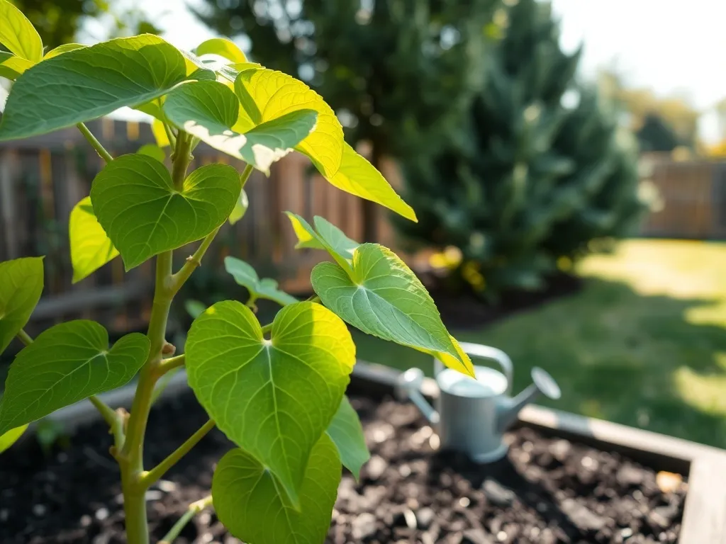 Młoda paulownia z dużymi, sercowatymi liśćmi rośnie w wilgotnej rabacie ogrodowej obok małej konewki.