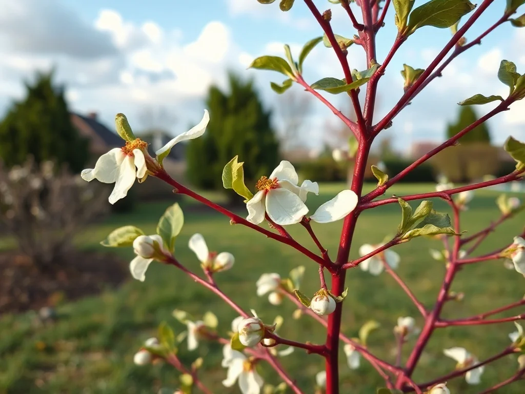 Dereń biały o czerwonych pędach i zielonych liściach w ogrodzie, prezentujący naturalny pokrój krzewu.