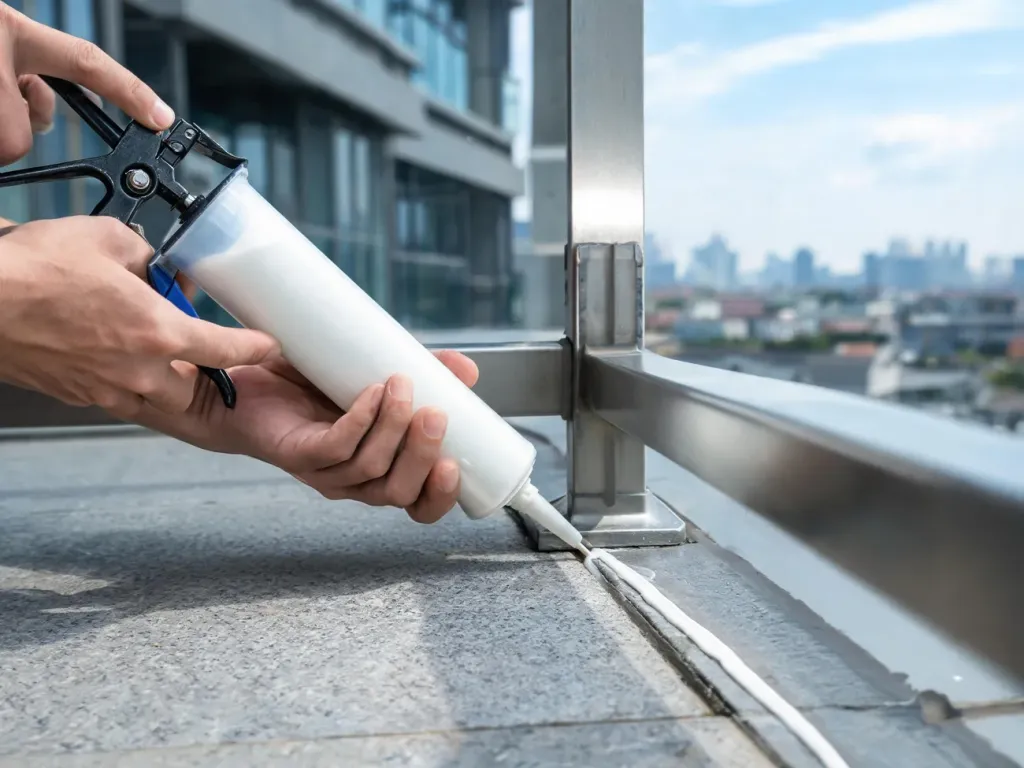Dłonie nakładają elastyczny uszczelniacz pistoletem w szczelinę między metalową balustradą a betonową posadzką balkonu.
