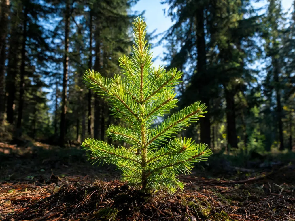 Młody świerk z jasnozielonym przyrostem na tle wysokich, dojrzałych świerków w gęstym, słonecznym lesie.