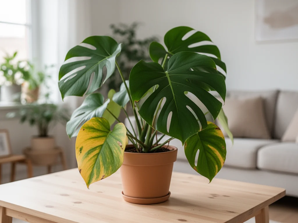 Monstera w doniczce na jasnym stole, część liści żółknie, w tle jasne, minimalistyczne wnętrze salonu