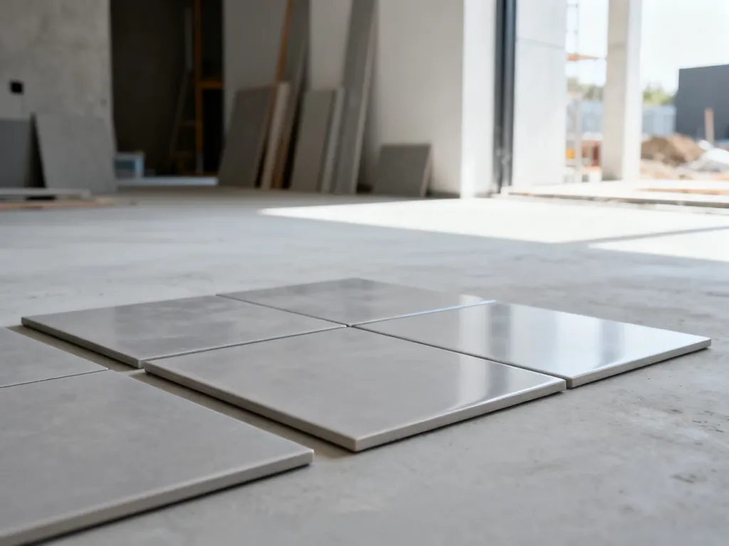 Błyszczące płytki ceramiczne 60x60 cm ułożone na betonowej podłodze w nowoczesnym wnętrzu.