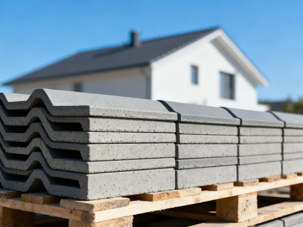 Stos dachówek betonowych w kolorze szarym przygotowanych do montażu na tle nowoczesnego domu.