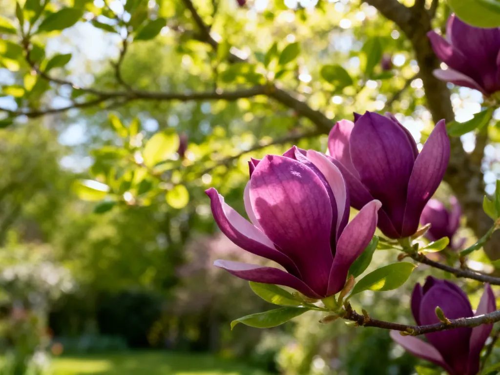 Zbliżenie na kwitnącą magnolię Jane z charakterystycznymi ciemnoróżowymi kwiatami w kształcie tulipanów.