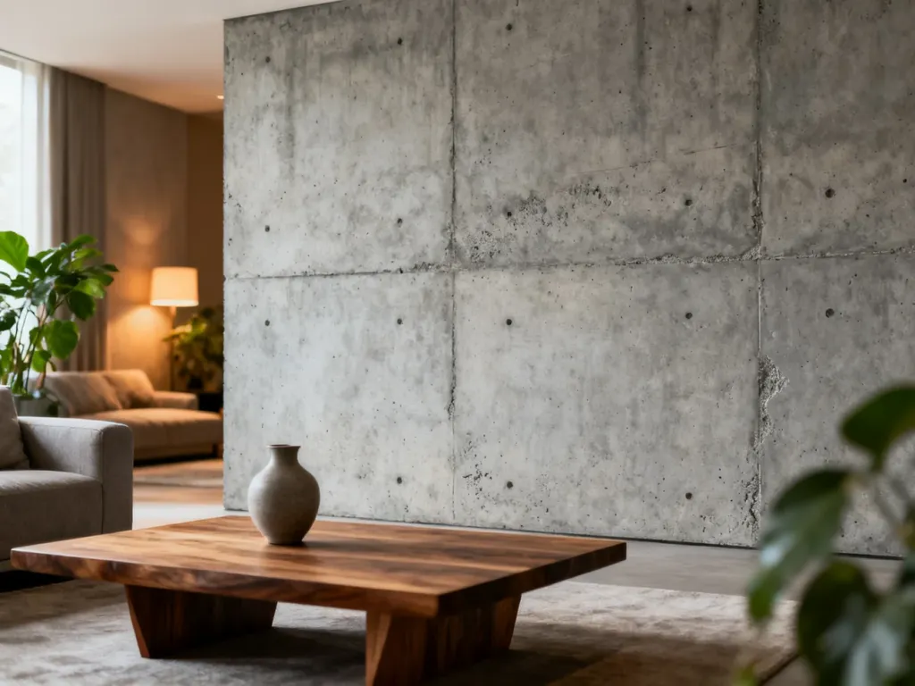 Nowoczesny salon z dekoracyjną ścianą z betonu architektonicznego, uzupełniony drewnianym stolikiem i przytulnymi dodatkami.
