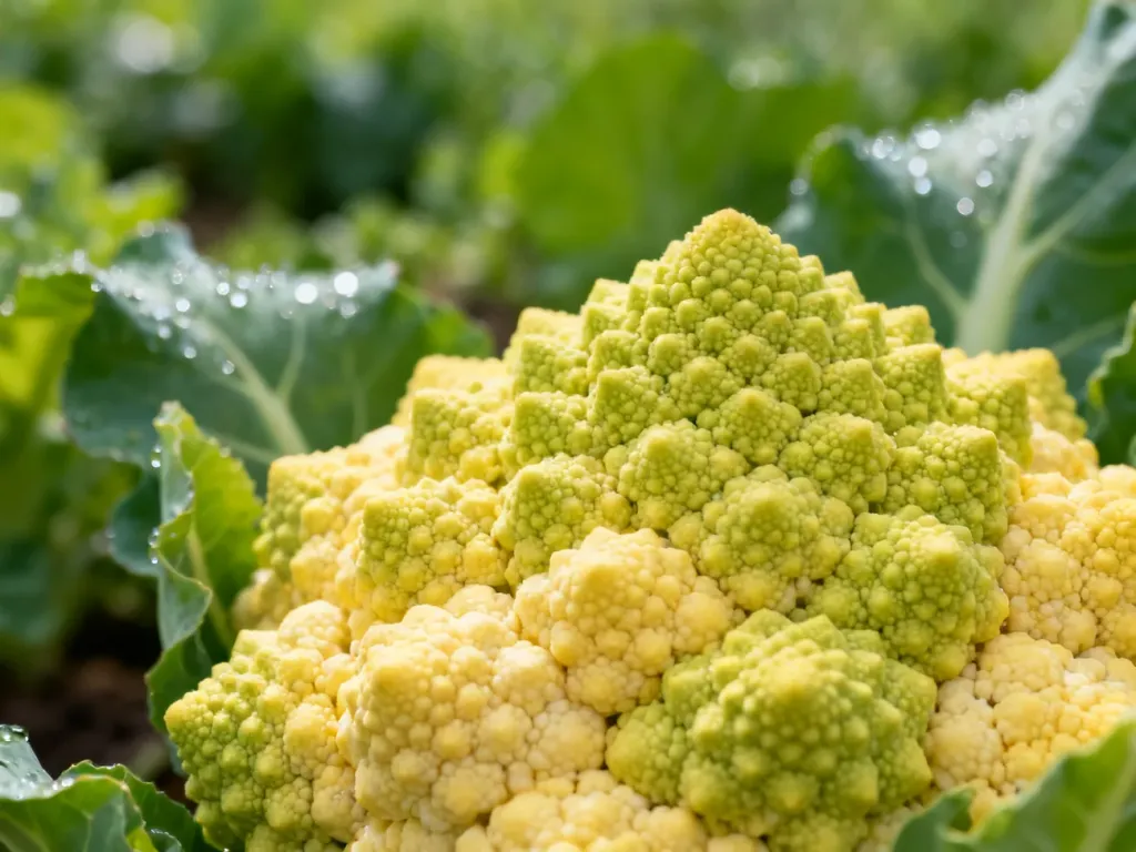 Zbliżenie na geometryczne, fraktalne wzory kalafiora romanesco w ogrodzie.