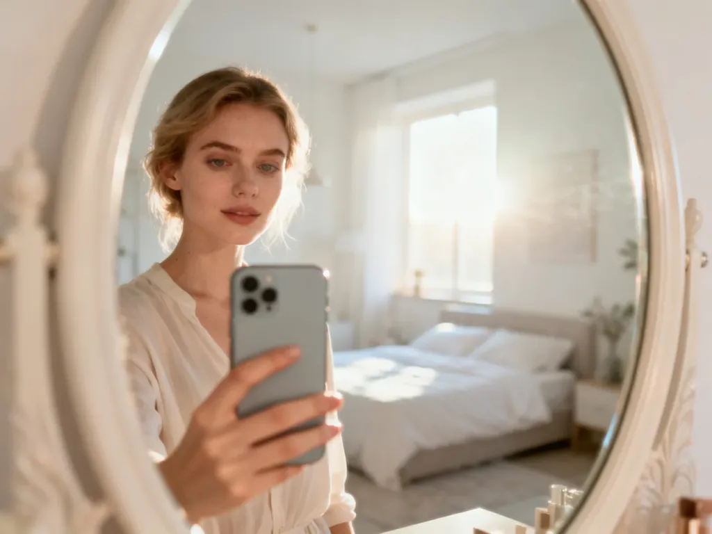 Stylowa kobieta robiąca idealne selfie w dużym lustrze w nowoczesnej, jasnej sypialni.