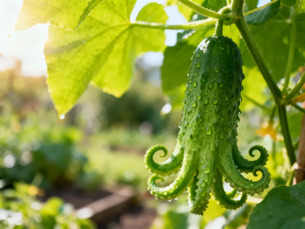 Dojrzały ogórek odmiany Octopus z widocznymi kroplami rosy, zwisający z bujnego krzewu w słonecznym ogrodzie.
