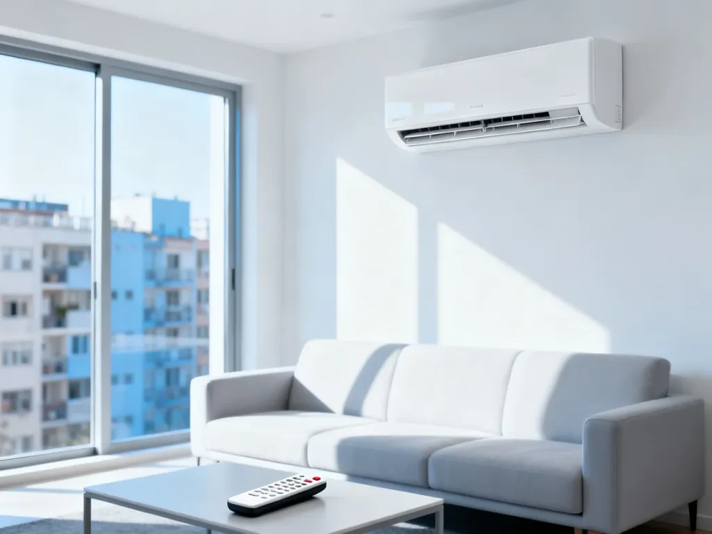 Nowoczesny klimatyzator ścienny w salonie w bloku, nad minimalistyczną sofą, z pilotem na stoliku w jasnym wnętrzu