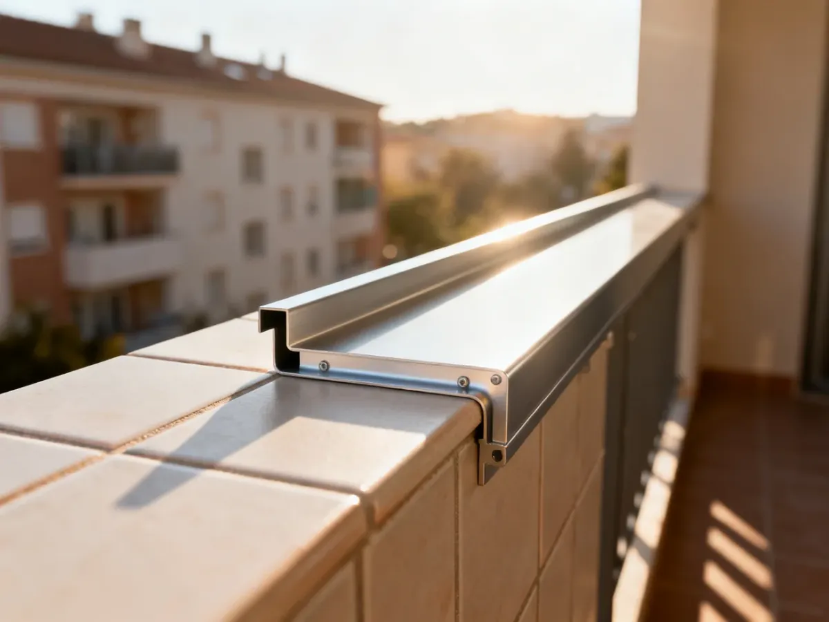Aluminiowa listwa okapowa zamontowana na krawędzi balkonu z płytkami ceramicznymi, zapewniająca estetyczne wykończenie.