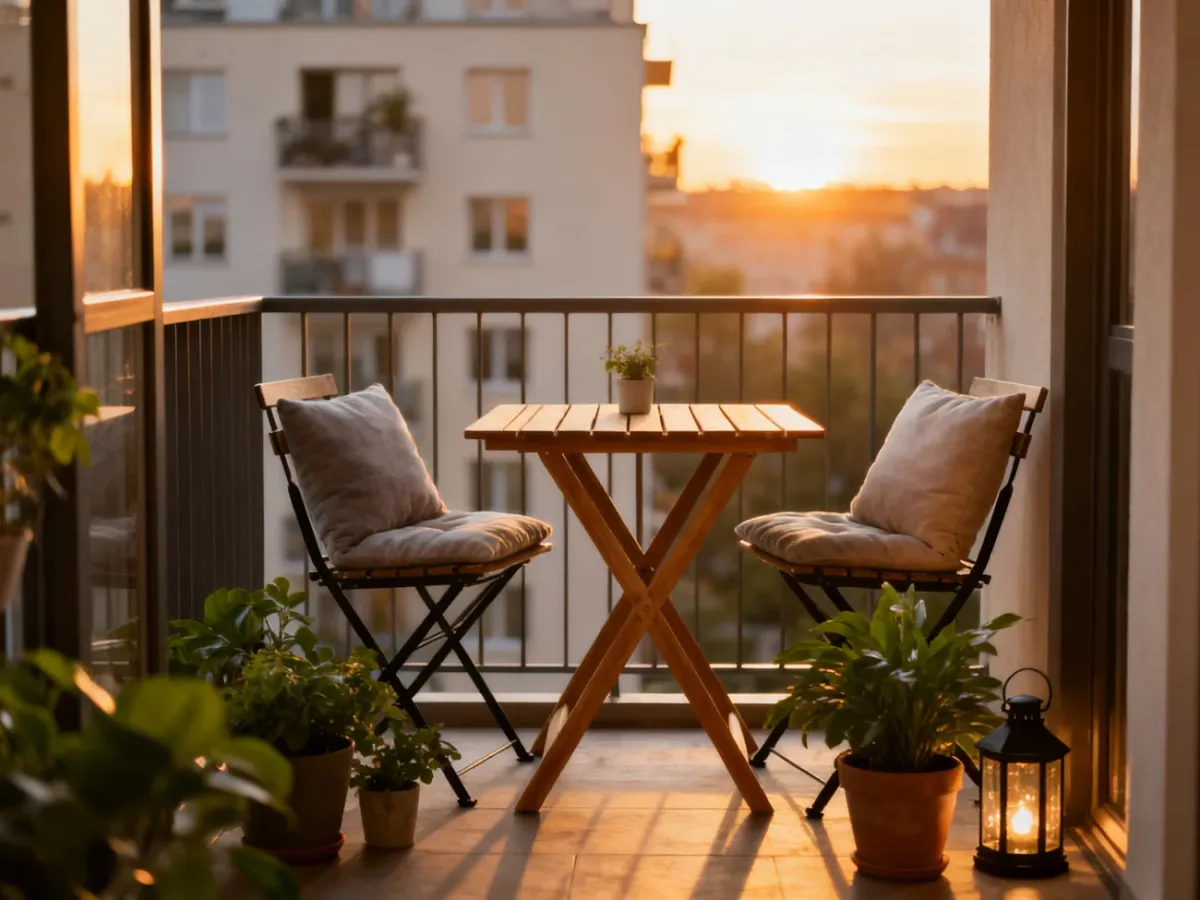 Przytulny balkon w bloku z drewnianym stolikiem, krzesłami i roślinami o zachodzie słońca. Idealna inspiracja do aranżacji.